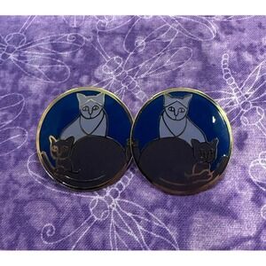 Cat Kitten Kitty Womens Earrings Blue Purple Vintage Enamel Studs Signed Meow